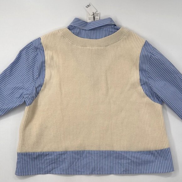 Zara Knit Womens Sweater Shirt Contrast Beige Blue Striped Oversized XS-S NEW - Picture 3 of 14